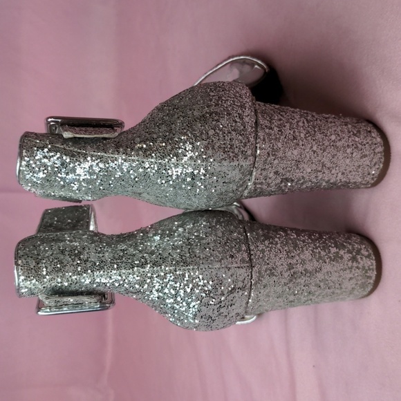 Shoe Land Silver Glitter Sparkly Open Toe Ankle Strap No Rumors Heels size 10 - Picture 4 of 8